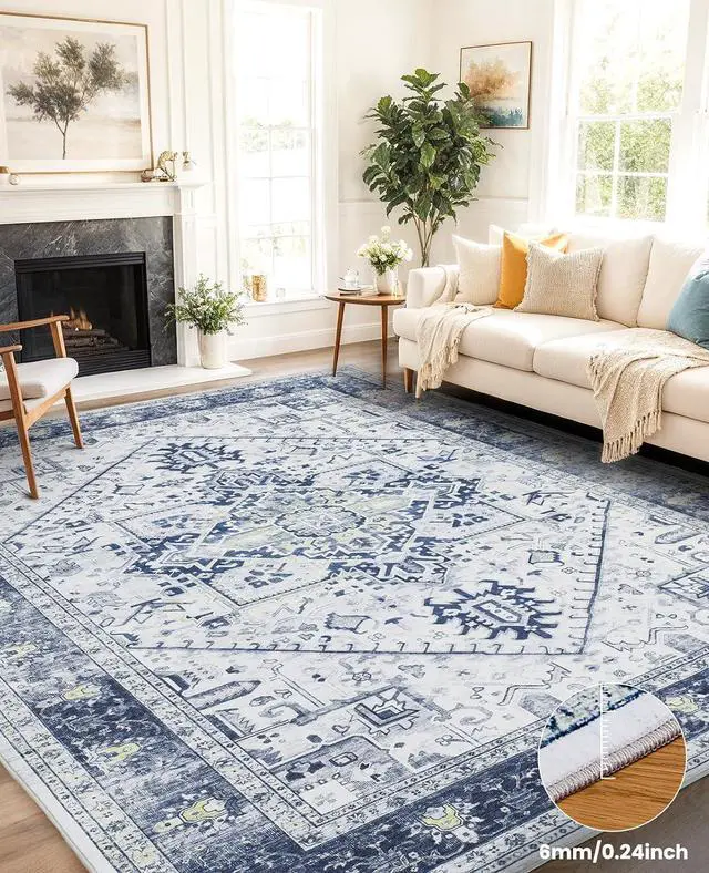 Alt view image 4 of 7 - AMADA HOMEFURNISHING Washable Area Rug, Low-Profile Large Area Rug with Non-Slip Backing & Durable Edge Binding, Vintage Large Rugs for Living Room, Bedroom, Dinning Room, 8x10, Navy Blue/White