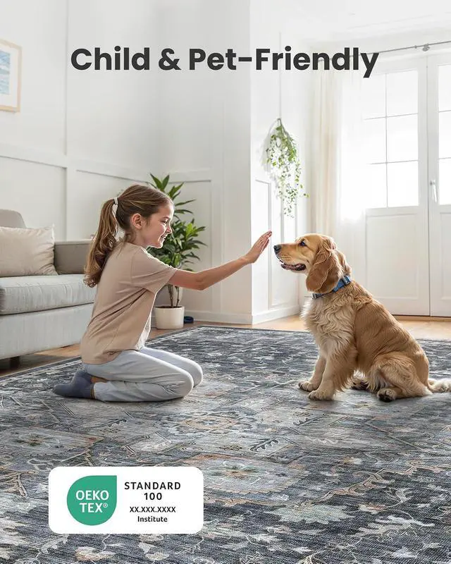 Alt view image 4 of 7 - AMADA HOMEFURNISHING 9x12 Washable Area Rug, Low-Profile Large Area Rug with Non-Slip Backing & Durable Edge Binding, Vintage Large Rugs for Living Room, Bedroom & Dining Room