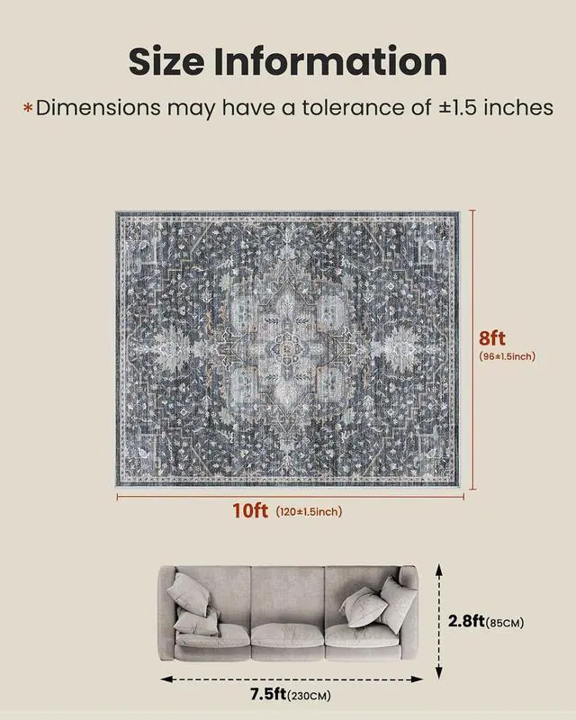 Alt view image 2 of 7 - AMADA HOMEFURNISHING 8x10 Washable Area Rug, Low-Profile Large Area Rug with Non-Slip Backing & Durable Edge Binding, Vintage Large Rugs for Living Room, Bedroom, Dinning Room