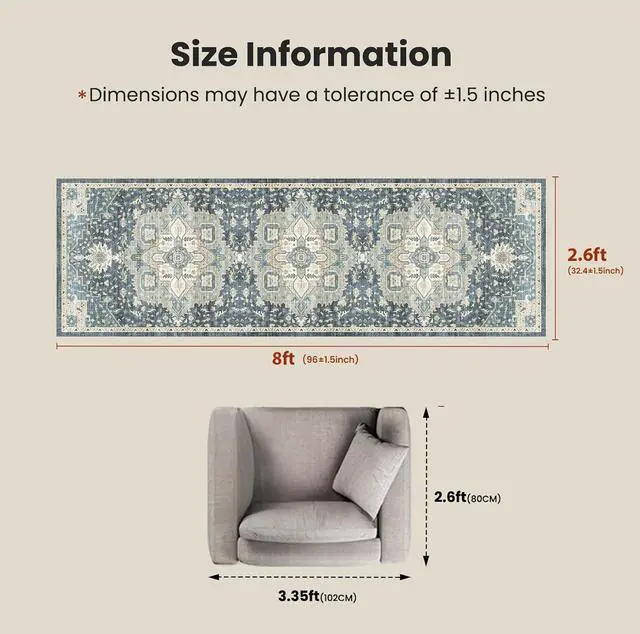 Alt view image 2 of 7 - AMADA HOMEFURNISHING 2'6"x8' Washable Area Rug, Low-Profile Entryway Rug with Non-Slip Backing & Durable Edge Binding, Vintage Rug Pattern, Small Rugs for Entryway, Kitchen & Living Room