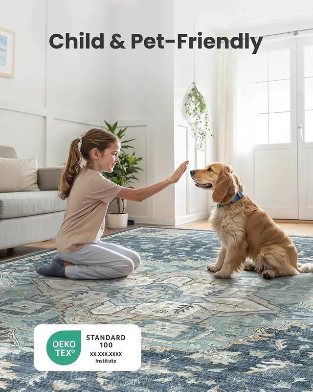 Alt view image 4 of 7 - AMADA HOMEFURNISHING 9x12 Washable Area Rug, Low-Profile Large Area Rug with Non-Slip Backing & Durable Edge Binding, Vintage Large Rugs for Living Room, Bedroom & Dining Room