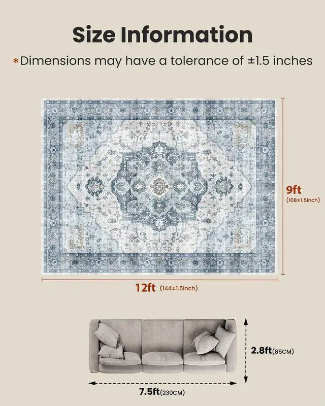 Alt view image 2 of 7 - AMADA HOMEFURNISHING 9x12 Area Rug, Washable Low-Profile Large Area Rug with Non-Slip Backing & Durable Edge Binding, Vintage Large Rugs for Living Room, Bedroom