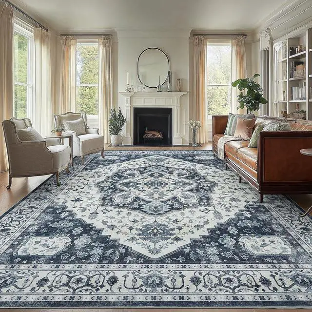Main image of AMADA HOMEFURNISHING 9x12 Area Rug, Washable Low-Profile Large Area Rug with Non-Slip Backing & Durable Edge Binding, Vintage Large Rugs for Living Room, Bedroom