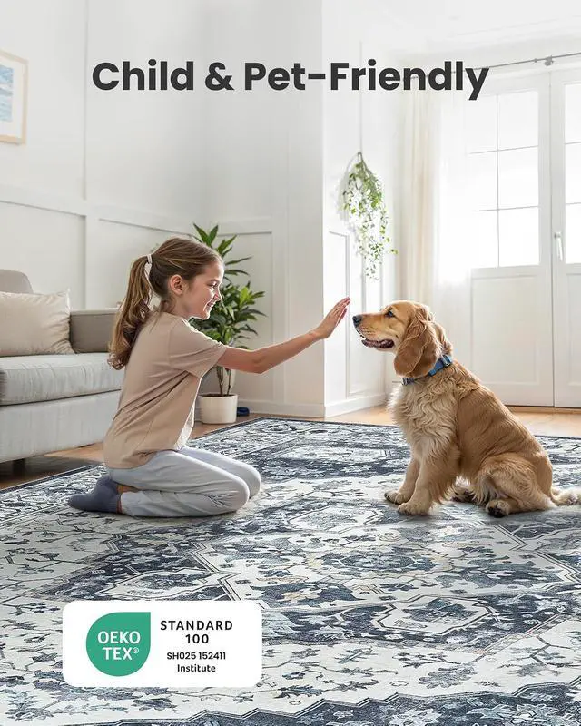 Alt view image 3 of 7 - AMADA HOMEFURNISHING 8x10 Area Rug, Washable Low-Profile Large Area Rug with Non-Slip Backing & Durable Edge Binding, Vintage Large Rugs for Living Room, Bedroom