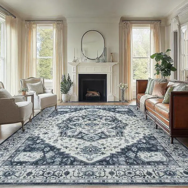 Main image of AMADA HOMEFURNISHING 8x10 Area Rug, Washable Low-Profile Large Area Rug with Non-Slip Backing & Durable Edge Binding, Vintage Large Rugs for Living Room, Bedroom