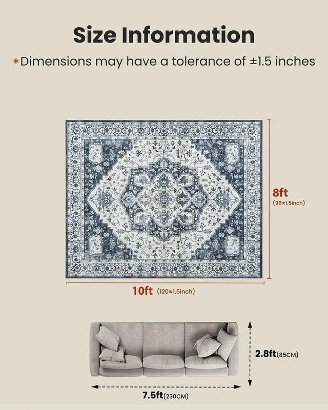 Alt view image 2 of 7 - AMADA HOMEFURNISHING 8x10 Area Rug, Washable Low-Profile Large Area Rug with Non-Slip Backing & Durable Edge Binding, Vintage Large Rugs for Living Room, Bedroom