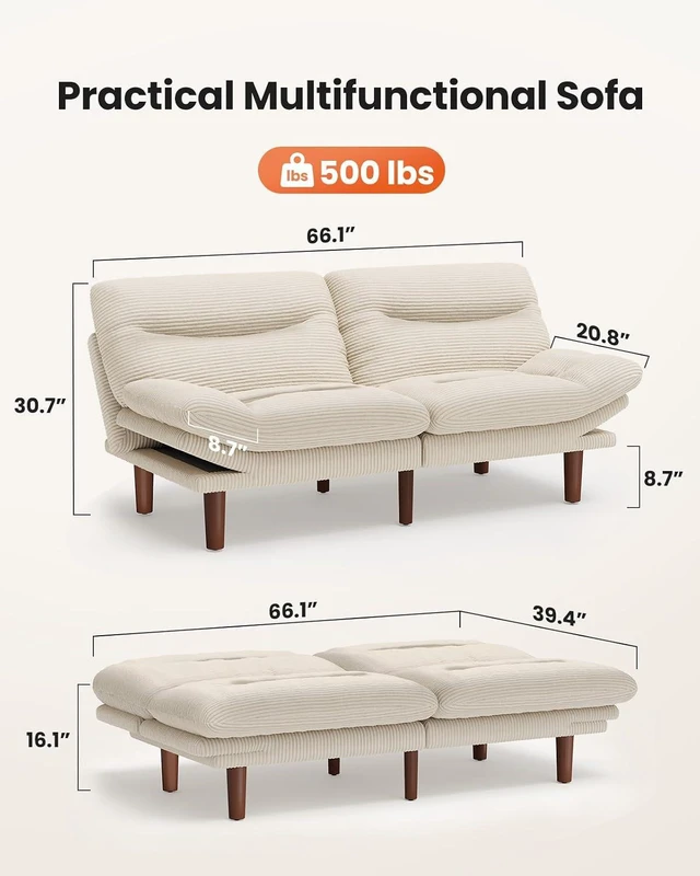 Alt view image 2 of 7 - Amada Convertible Corduroy Futon Sofa Bed, 66 inch, Off White