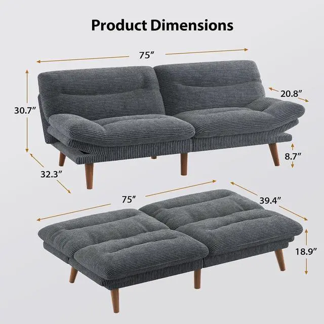 Alt view image 2 of 6 - Pipishell 75" Futon Sofa Bed, Convertible Corduroy Space-Saver Couch with Adjustable Back & Armrests, Recliner Sleeper for Small Apartments, Office, Guest Room (Grey)