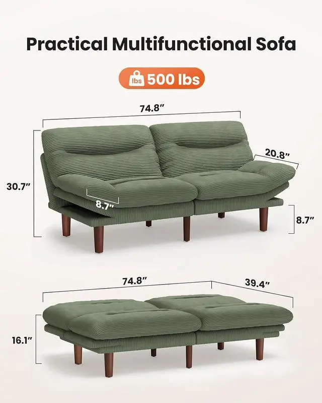 Alt view image 2 of 7 - Amada Convertible Futon Sofa Bed, Corduroy Folding Futon Set with Adjustable Backrest &Armrests, Recliner Lounge for Living Room, Apartment or Office, Solid Wood Frame, Loveseat Sofa -Green 75 Inch