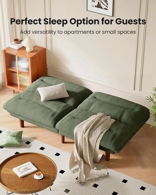 Alt view image 3 of 7 - Amada Convertible Futon Sofa Bed, Corduroy Folding Futon Set with Adjustable Backrest &Armrests, Recliner Lounge for Living Room, Apartment or Office, Solid Wood Frame, Loveseat Sofa -Green 75 Inch