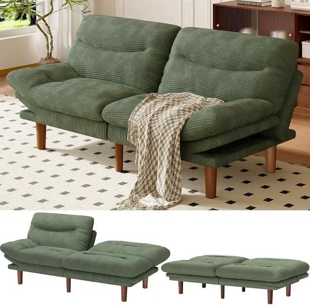 Main image of Amada Convertible Futon Sofa Bed, Corduroy Folding Futon Set with Adjustable Backrest &Armrests, Recliner Lounge for Living Room, Apartment or Office, Solid Wood Frame, Loveseat Sofa -Green 75 Inch