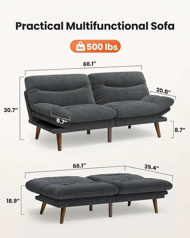 Alt view image 2 of 6 - 66Futon Sofa Bed,3-in-1 Futon Couch w/Adjustable Backrest & Armrests, Convertible Sleeper Sofa Bed, Small Folding Sleeper Recliner w/Removable Cushion for Apartment, Living Room,Office (66in,Grey)