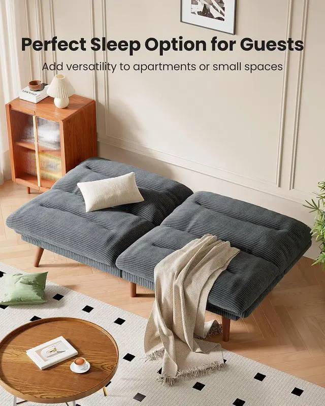 Alt view image 3 of 7 - Amada 75" Convertible Futon Sofa Bed, Corduroy Folding Futon Set with Adjustable Backrest &Armrests, Recliner Lounge for Living Room, Apartment or Office, Solid Wood Frame, Loveseat Sofa -Dark Grey