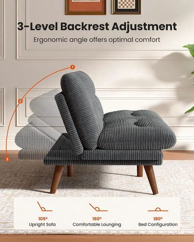 Alt view image 6 of 7 - 75Futon Sofa Bed,3-in-1 Futon Couch w/Adjustable Backrest & Armrests, Convertible Sleeper Sofa Bed, Small Folding Sleeper Recliner w/Removable Cushion for Apartment, Living Room,Office (75in,Grey)
