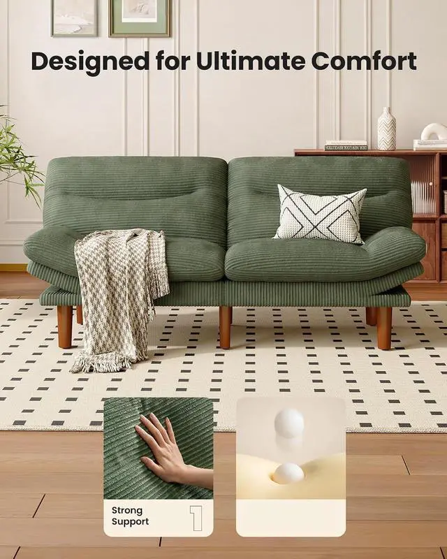 Alt view image 4 of 7 - Amada Convertible Futon Sofa Bed, Corduroy Folding Futon Set with Adjustable Backrest &Armrests, Recliner Lounge for Living Room, Apartment or Office, Solid Wood Frame, Loveseat Sofa -Green 75 Inch