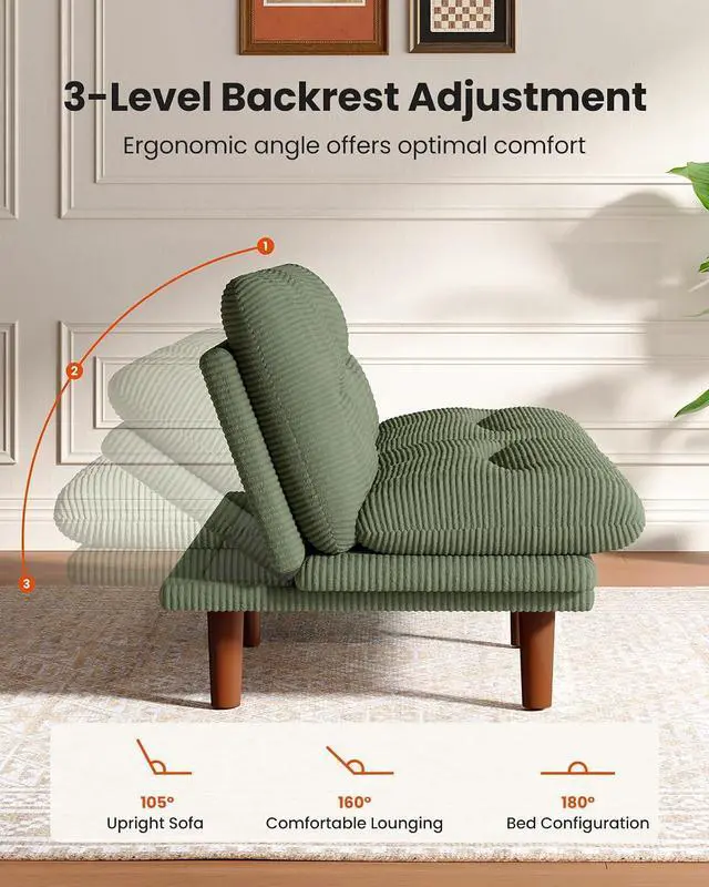 Alt view image 5 of 7 - Amada Convertible Futon Sofa Bed, Corduroy Folding Futon Set with Adjustable Backrest &Armrests, Recliner Lounge for Living Room, Apartment or Office, Solid Wood Frame, Loveseat Sofa -Green 75 Inch