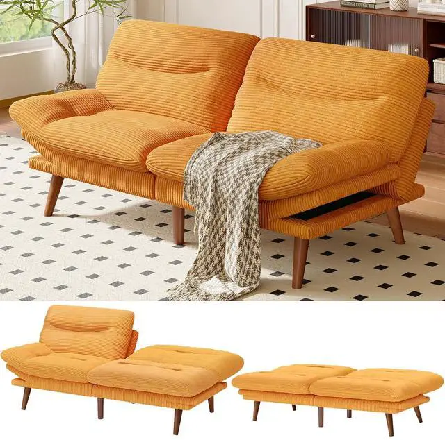Main image of Amada 66" Convertible Futon Sofa Bed, Corduroy Folding Futon Set with Adjustable Backrest &Armrests, Recliner Lounge for Living Room, Apartment or Office, Solid Wood Frame, Loveseat Sofa - Orange