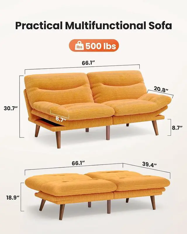 Alt view image 3 of 7 - Amada 66" Convertible Futon Sofa Bed, Corduroy Folding Futon Set with Adjustable Backrest &Armrests, Recliner Lounge for Living Room, Apartment or Office, Solid Wood Frame, Loveseat Sofa - Orange