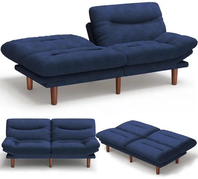 Main image of Amada 66" Convertible Futon Sofa Bed, Corduroy Folding Futon Set with Adjustable Backrest &Armrests, Recliner Lounge for Living Room, Apartment or Office, Solid Wood Frame, Loveseat Sofa - Blue