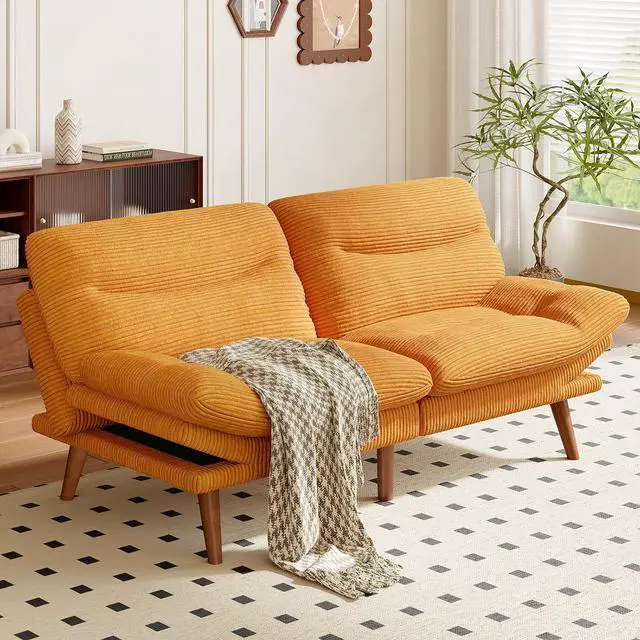 Alt view image 2 of 7 - Amada 66" Convertible Futon Sofa Bed, Corduroy Folding Futon Set with Adjustable Backrest &Armrests, Recliner Lounge for Living Room, Apartment or Office, Solid Wood Frame, Loveseat Sofa - Orange