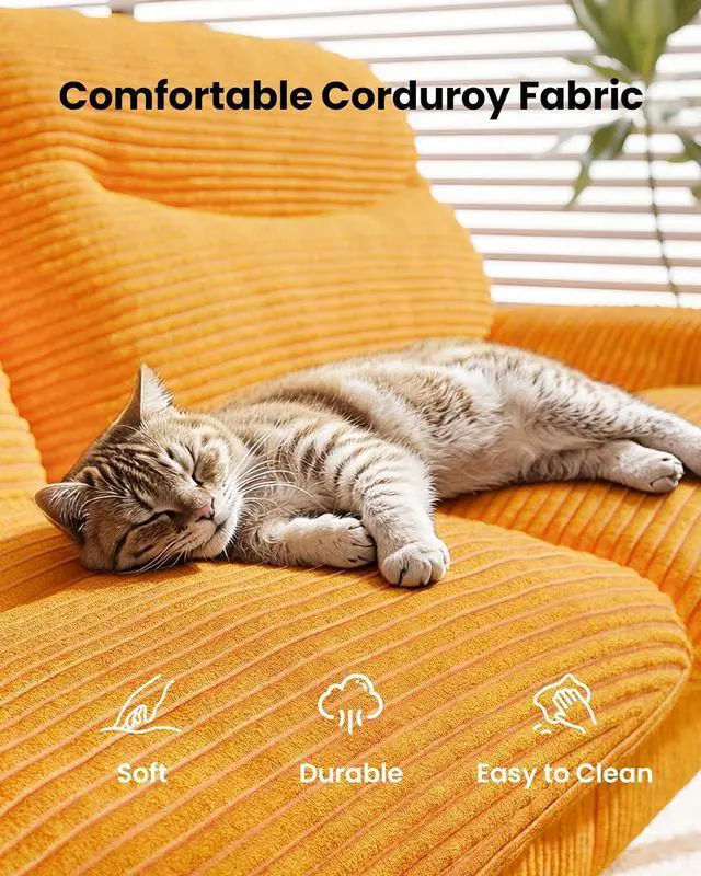 Alt view image 5 of 7 - Amada 66" Convertible Futon Sofa Bed, Corduroy Folding Futon Set with Adjustable Backrest &Armrests, Recliner Lounge for Living Room, Apartment or Office, Solid Wood Frame, Loveseat Sofa - Orange
