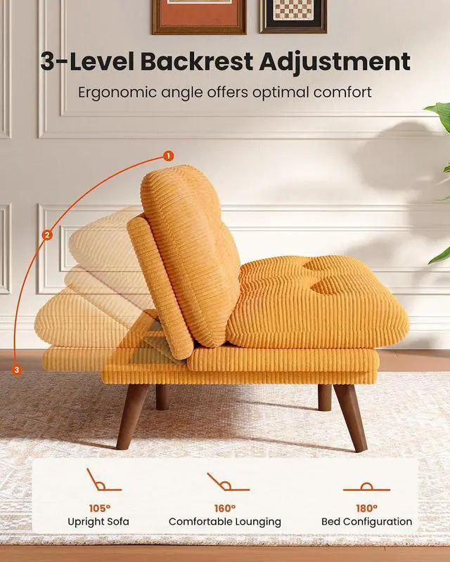 Alt view image 6 of 7 - Amada 66" Convertible Futon Sofa Bed, Corduroy Folding Futon Set with Adjustable Backrest &Armrests, Recliner Lounge for Living Room, Apartment or Office, Solid Wood Frame, Loveseat Sofa - Orange