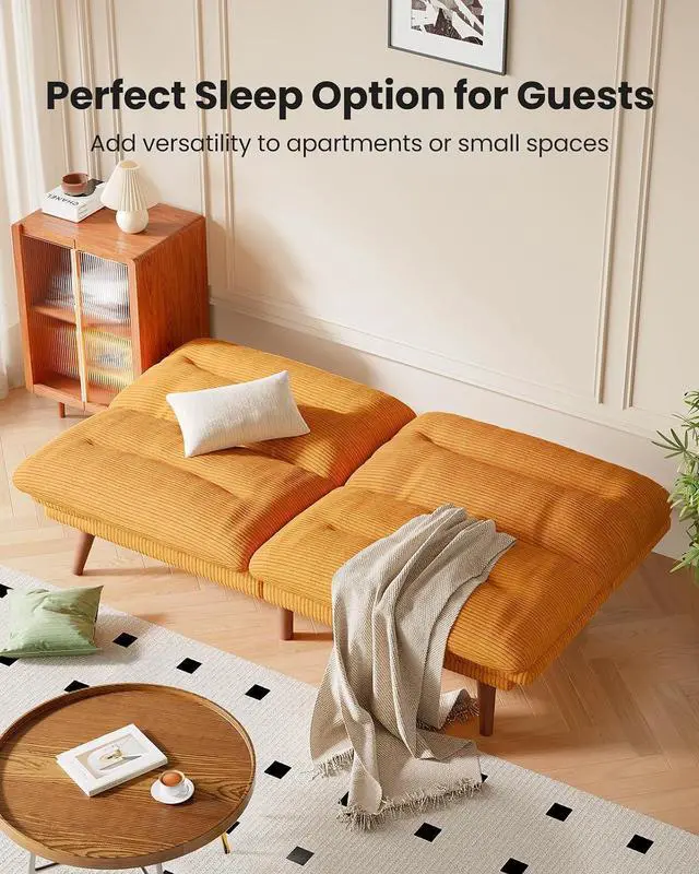 Alt view image 7 of 7 - Amada 66" Convertible Futon Sofa Bed, Corduroy Folding Futon Set with Adjustable Backrest &Armrests, Recliner Lounge for Living Room, Apartment or Office, Solid Wood Frame, Loveseat Sofa - Orange