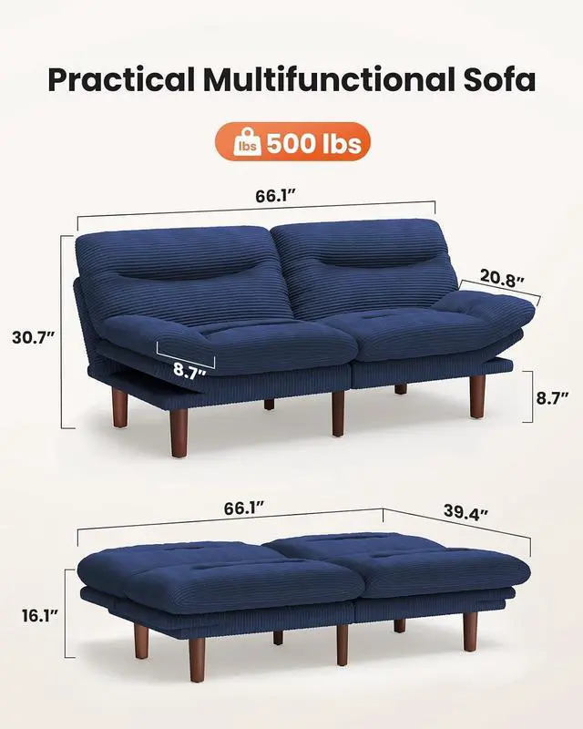 Alt view image 2 of 7 - Amada 66" Convertible Futon Sofa Bed, Corduroy Folding Futon Set with Adjustable Backrest &Armrests, Recliner Lounge for Living Room, Apartment or Office, Solid Wood Frame, Loveseat Sofa - Blue