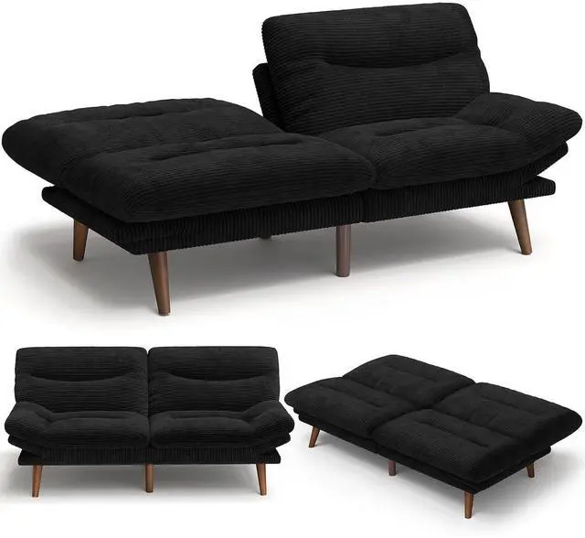 Main image of Amada 66" Convertible Futon Sofa Bed, Corduroy Folding Futon Set with Adjustable Backrest &Armrests, Recliner Lounge for Living Room, Apartment or Office, Solid Wood Frame, Loveseat Sofa - Black