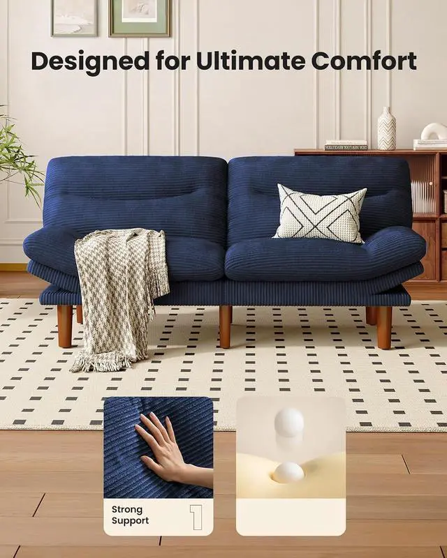 Alt view image 5 of 7 - Amada 66" Convertible Futon Sofa Bed, Corduroy Folding Futon Set with Adjustable Backrest &Armrests, Recliner Lounge for Living Room, Apartment or Office, Solid Wood Frame, Loveseat Sofa - Blue