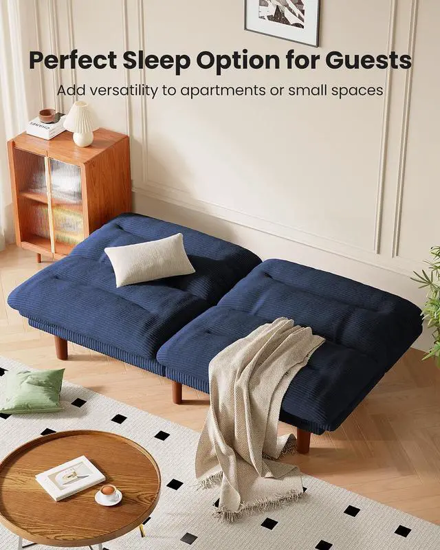 Alt view image 6 of 7 - Amada 66" Convertible Futon Sofa Bed, Corduroy Folding Futon Set with Adjustable Backrest &Armrests, Recliner Lounge for Living Room, Apartment or Office, Solid Wood Frame, Loveseat Sofa - Blue