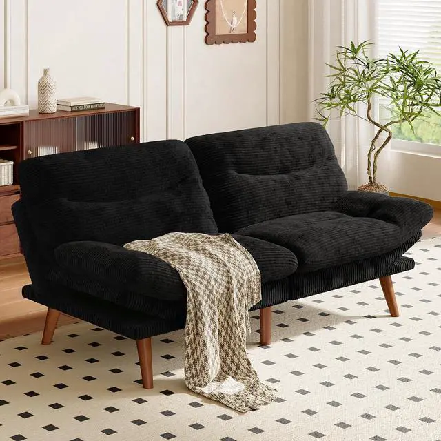 Alt view image 2 of 7 - Amada 66" Convertible Futon Sofa Bed, Corduroy Folding Futon Set with Adjustable Backrest &Armrests, Recliner Lounge for Living Room, Apartment or Office, Solid Wood Frame, Loveseat Sofa - Black