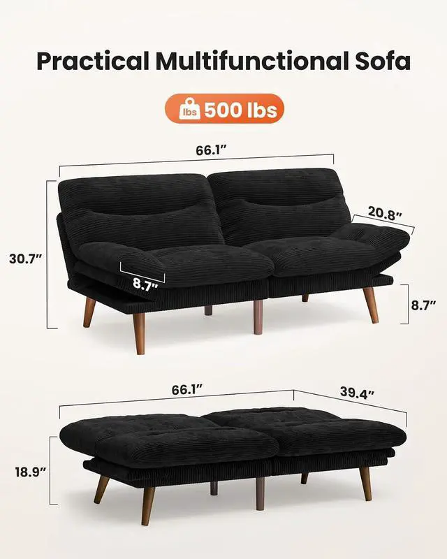 Alt view image 3 of 7 - Amada 66" Convertible Futon Sofa Bed, Corduroy Folding Futon Set with Adjustable Backrest &Armrests, Recliner Lounge for Living Room, Apartment or Office, Solid Wood Frame, Loveseat Sofa - Black