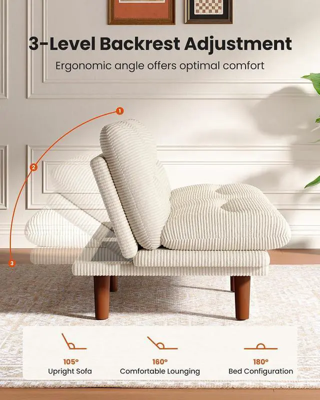 Alt view image 3 of 7 - Amada 75" Convertible Futon Sofa Bed, Corduroy Folding Futon Set with Adjustable Backrest &Armrests, Recliner Lounge for Living Room, Apartment or Office, Solid Wood Frame, Loveseat Sofa -White