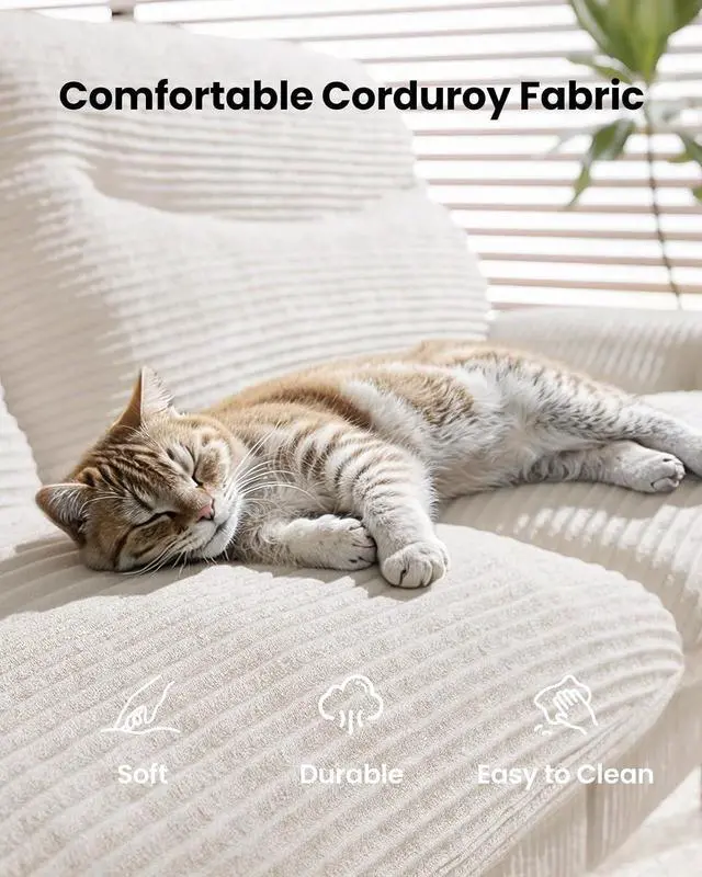 Alt view image 5 of 7 - Amada 75" Convertible Futon Sofa Bed, Corduroy Folding Futon Set with Adjustable Backrest &Armrests, Recliner Lounge for Living Room, Apartment or Office, Solid Wood Frame, Loveseat Sofa -White