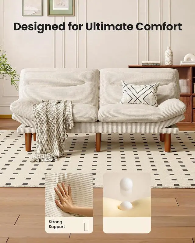 Alt view image 6 of 7 - Amada 75" Convertible Futon Sofa Bed, Corduroy Folding Futon Set with Adjustable Backrest &Armrests, Recliner Lounge for Living Room, Apartment or Office, Solid Wood Frame, Loveseat Sofa -White