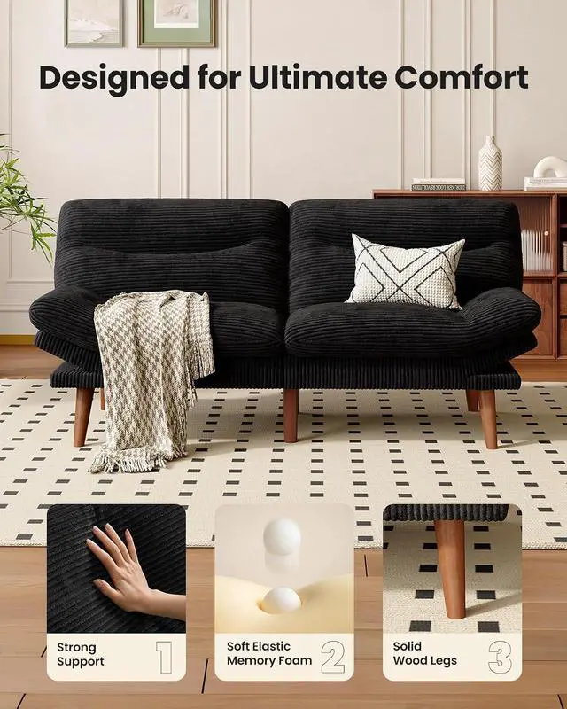Alt view image 7 of 7 - Amada 66" Convertible Futon Sofa Bed, Corduroy Folding Futon Set with Adjustable Backrest &Armrests, Recliner Lounge for Living Room, Apartment or Office, Solid Wood Frame, Loveseat Sofa - Black