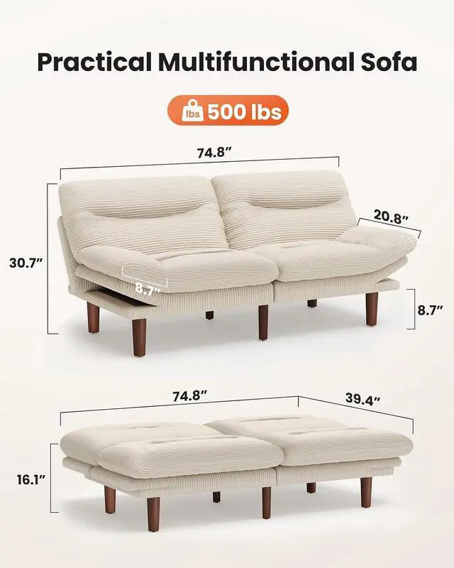 Alt view image 2 of 7 - Amada 75" Convertible Futon Sofa Bed, Corduroy Folding Futon Set with Adjustable Backrest &Armrests, Recliner Lounge for Living Room, Apartment or Office, Solid Wood Frame, Loveseat Sofa -White