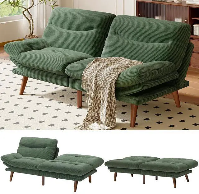 Main image of AMADA 66"Convertible Futon Sofa Bed, Corduroy Folding Futon Set with Adjustable Backrest &Armrests, Recliner Lounge for Living Room, Apartment or Office, Solid Wood Frame, Loveseat Sofa -Forest Green