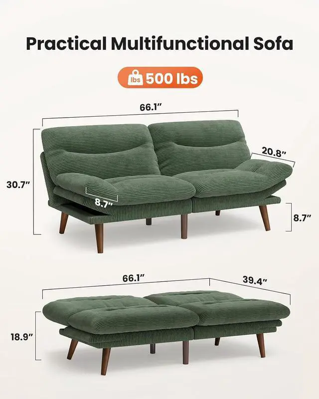 Alt view image 3 of 7 - AMADA 66"Convertible Futon Sofa Bed, Corduroy Folding Futon Set with Adjustable Backrest &Armrests, Recliner Lounge for Living Room, Apartment or Office, Solid Wood Frame, Loveseat Sofa -Forest Green