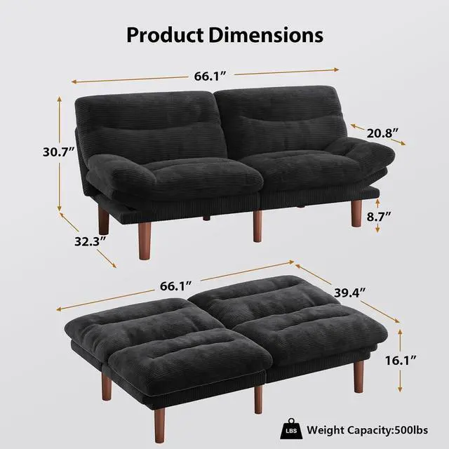 Alt view image 2 of 7 - Pipishell 66" Convertible Futon Sofa Bed, Corduroy Folding Loveseat Couch, Sleeper Sofa for Living Room, Apartment, Office, Small Spaces Black