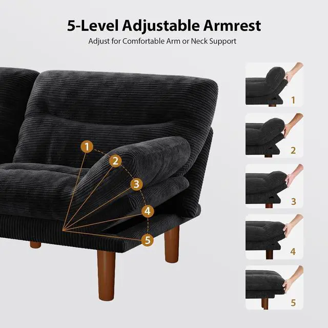 Alt view image 4 of 7 - Pipishell 66" Futon Sofa Bed, Convertible Corduroy Space-Saver Couch with Adjustable Back & Armrests, Recliner Sleeper for Small Apartments, Office, Guest Room (Black)
