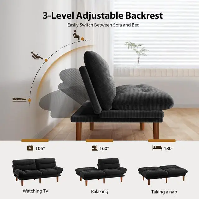 Alt view image 3 of 7 - Pipishell 66" Futon Sofa Bed, Convertible Corduroy Space-Saver Couch with Adjustable Back & Armrests, Recliner Sleeper for Small Apartments, Office, Guest Room (Black)