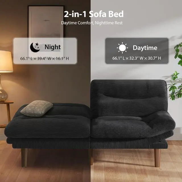 Alt view image 5 of 7 - Pipishell 66" Futon Sofa Bed, Convertible Corduroy Space-Saver Couch with Adjustable Back & Armrests, Recliner Sleeper for Small Apartments, Office, Guest Room (Black)