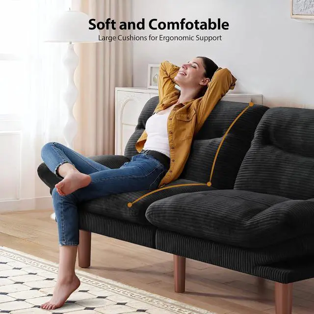 Alt view image 6 of 7 - Pipishell 66" Futon Sofa Bed, Convertible Corduroy Space-Saver Couch with Adjustable Back & Armrests, Recliner Sleeper for Small Apartments, Office, Guest Room (Black)