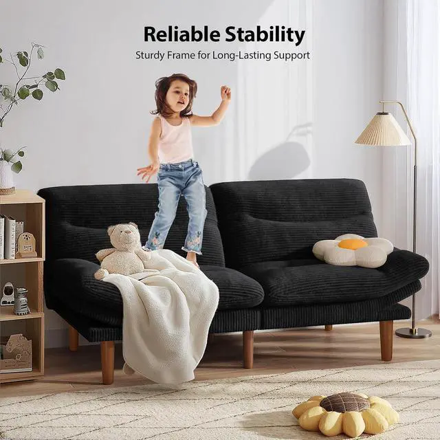 Alt view image 7 of 7 - Pipishell 66" Futon Sofa Bed, Convertible Corduroy Space-Saver Couch with Adjustable Back & Armrests, Recliner Sleeper for Small Apartments, Office, Guest Room (Black)