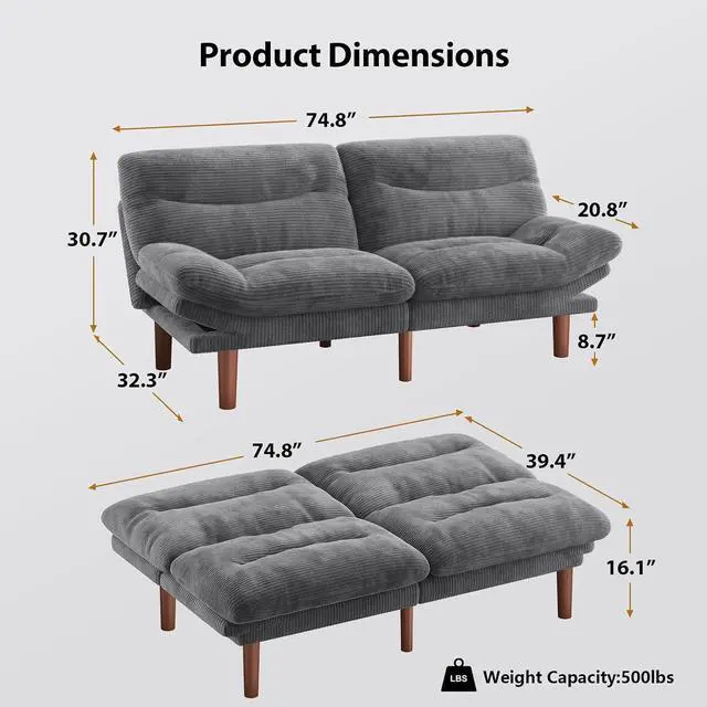 Alt view image 2 of 7 - Pipishell 75" Futon Sofa Bed, Convertible Corduroy Space-Saver Couch with Adjustable Back & Armrests, Recliner Sleeper for Small Apartments, Office, Guest Room (Asphalt Grey)