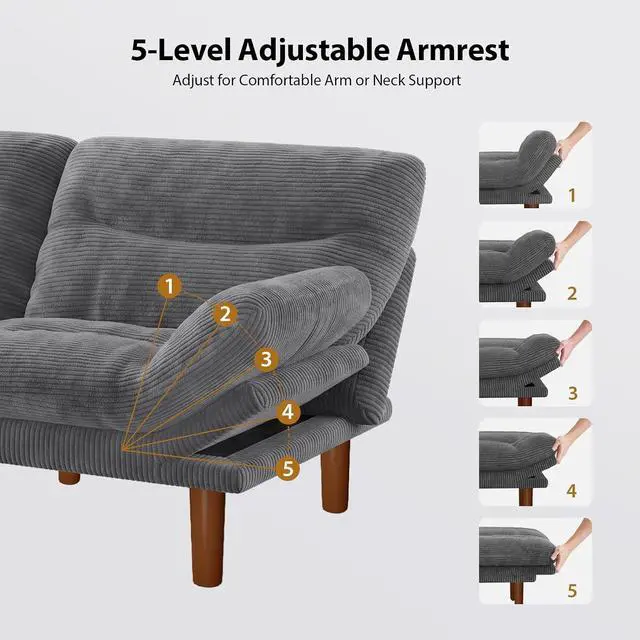 Alt view image 3 of 7 - Pipishell 75" Futon Sofa Bed, Convertible Corduroy Space-Saver Couch with Adjustable Back & Armrests, Recliner Sleeper for Small Apartments, Office, Guest Room (Asphalt Grey)