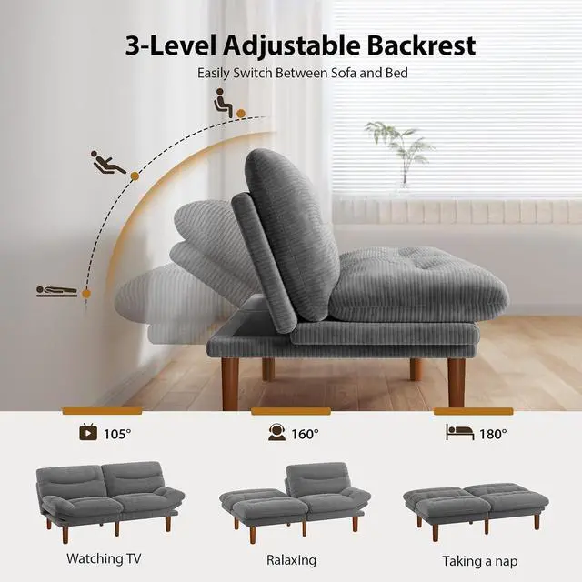 Alt view image 4 of 7 - Pipishell 75" Futon Sofa Bed, Convertible Corduroy Space-Saver Couch with Adjustable Back & Armrests, Recliner Sleeper for Small Apartments, Office, Guest Room (Asphalt Grey)