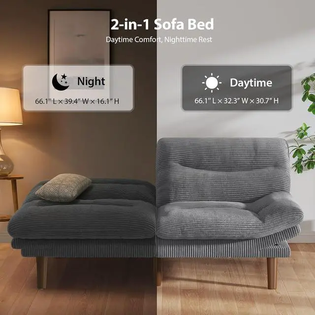 Alt view image 5 of 7 - Pipishell 75" Futon Sofa Bed, Convertible Corduroy Space-Saver Couch with Adjustable Back & Armrests, Recliner Sleeper for Small Apartments, Office, Guest Room (Asphalt Grey)